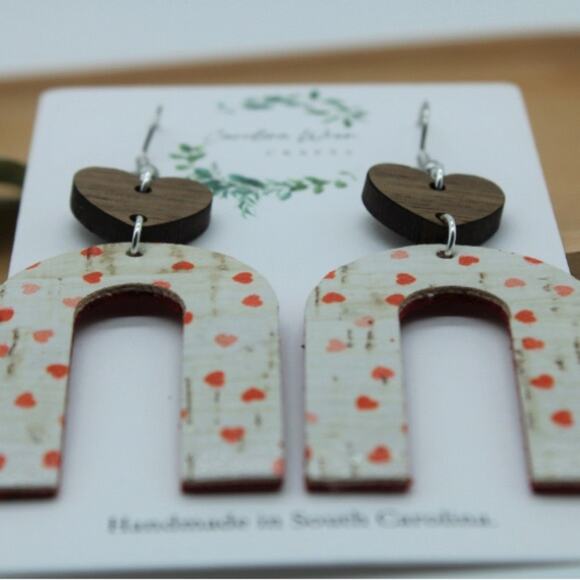 5/$25 Handmade Cork on Leather and Wood Heart Arch Lightweight Earrings - Picture 3 of 3